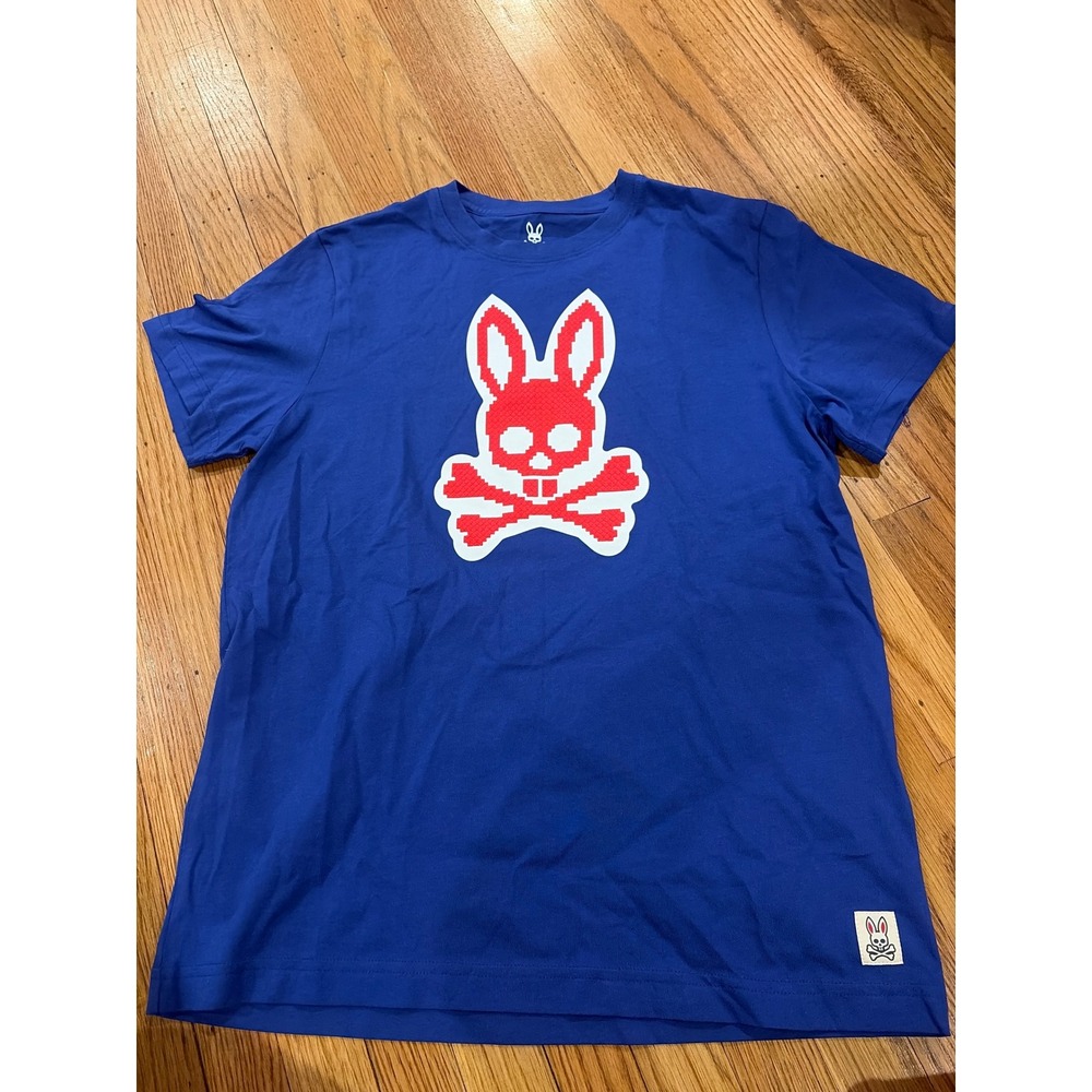 Psycho Bunny Mens Pixel Bunny Logo Pima Cotton Tee Blue Short Sleeve Shirt  4